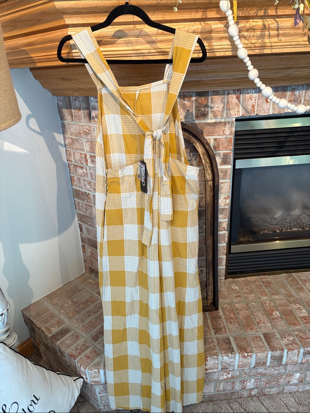 Women’s Mustard Check Wide-Leg Overalls Jumpsuit - Picture 6 of 11